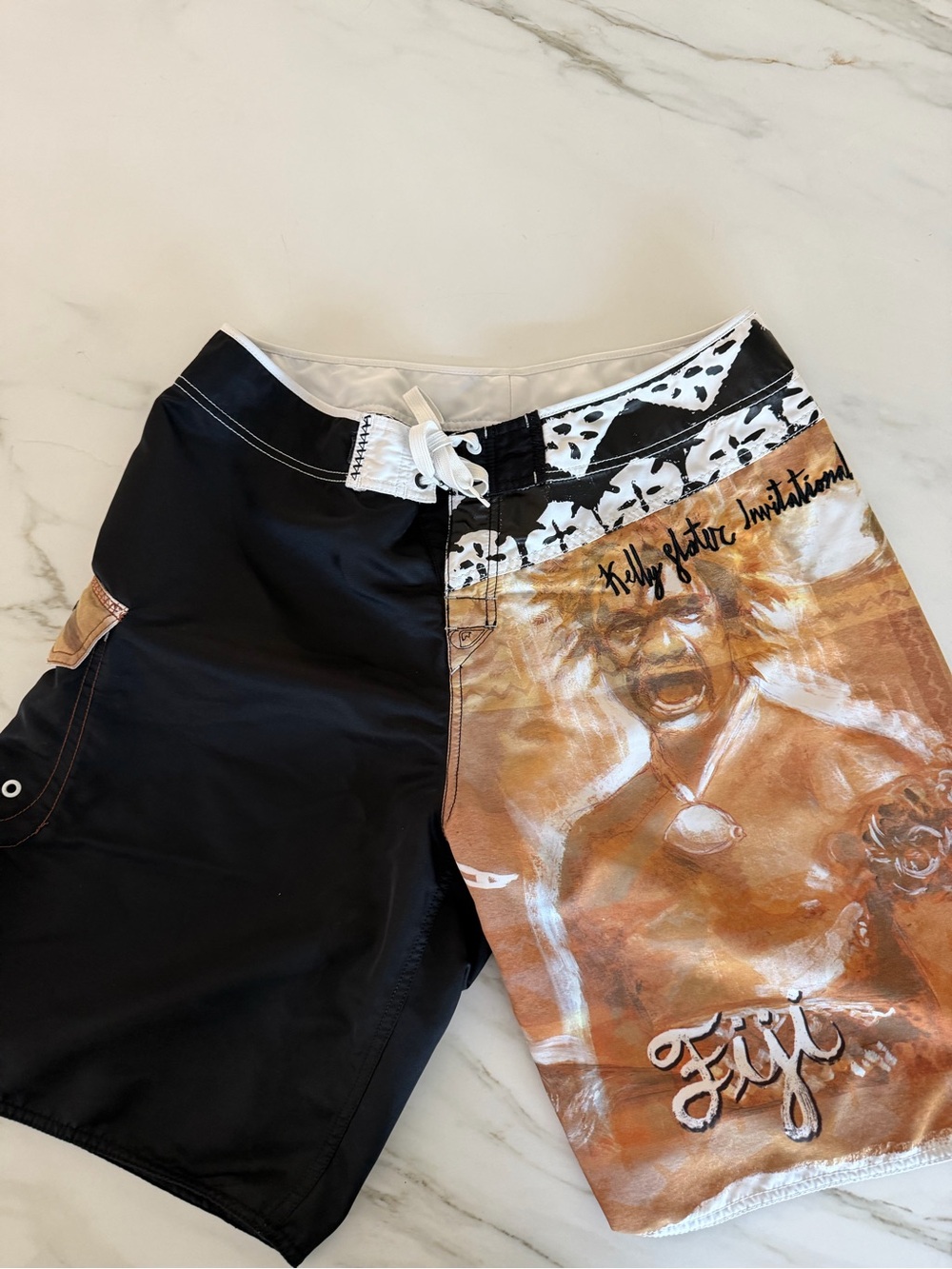 FJI Fiji Men’s Board Shorts Size 36 Black Orange Graphic Surf Swim Trunks